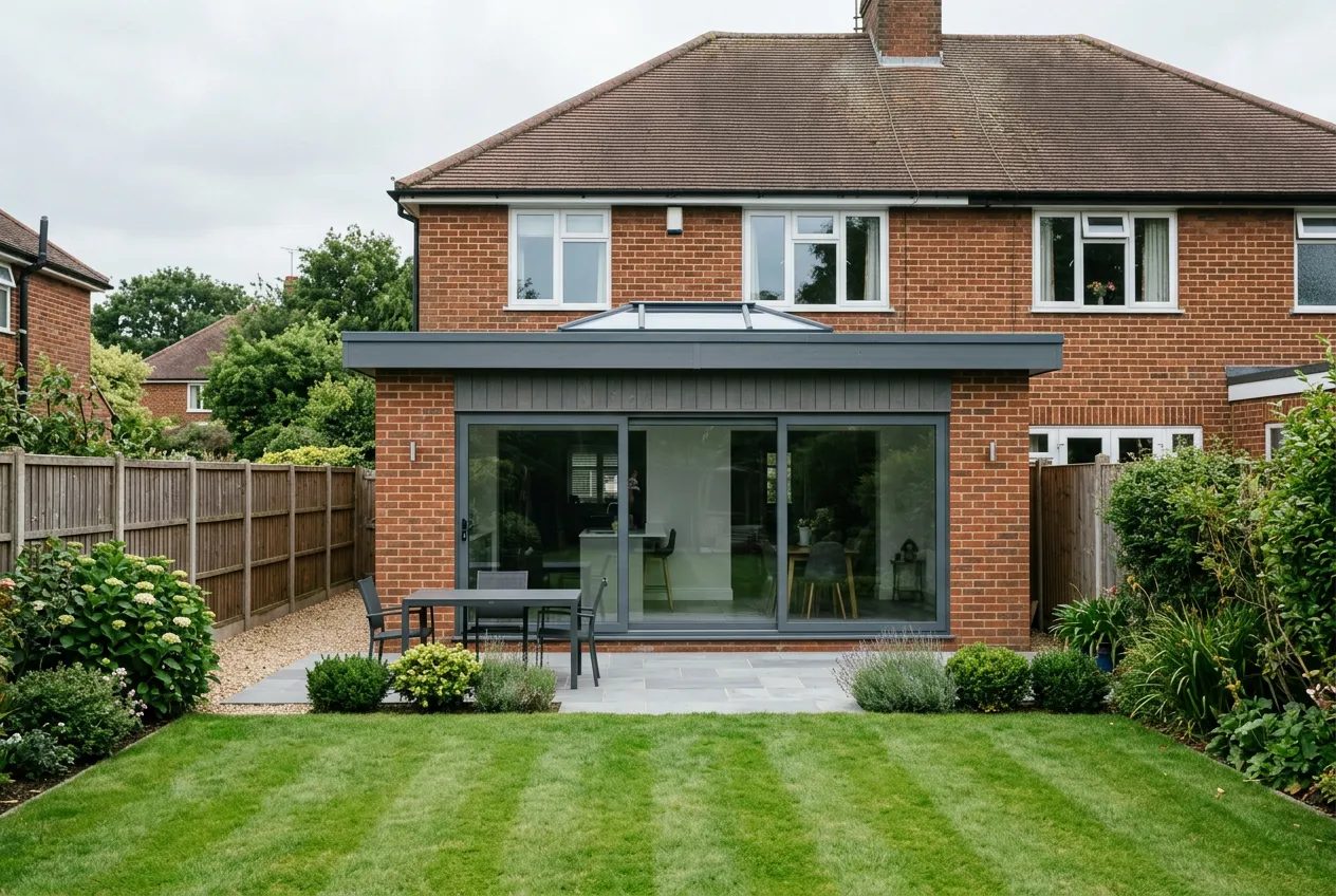 Completed single-storey rear extension with grey sliding doors on a red-brick Teesside semi