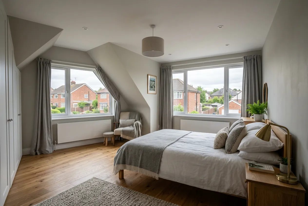 Finished loft conversion bedroom with rear dormer windows and sloping ceilings